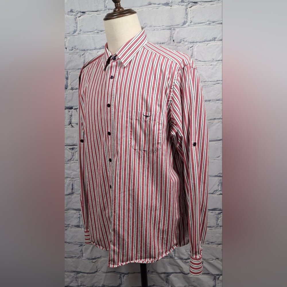 R.M. Williams Men's Button Down Striped Classic Fit Roll Tab Sleeves Logo Medium